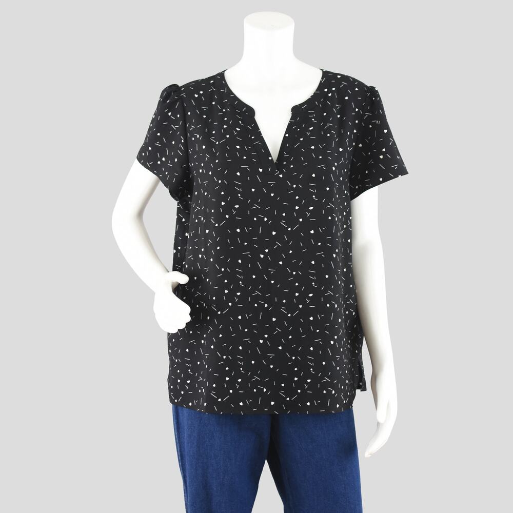 Hilary Radley V-Neck Flutter Sleeves Heart Print Blouse Women's Large